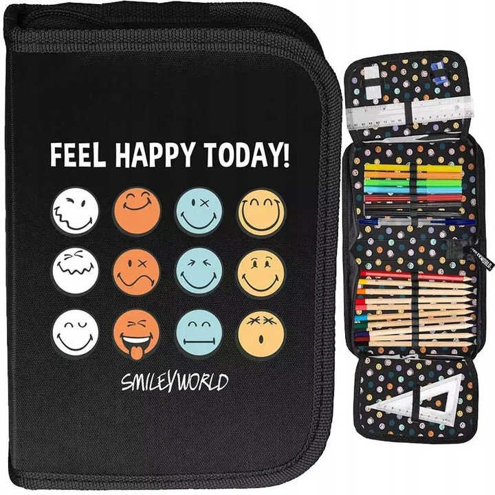 Etui școlar PASO, echipat, imprimeu smiley, 19, 5x13x3, 5cm