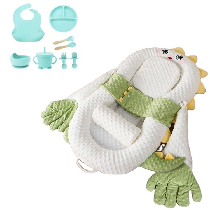 Set copii cosulet multifunctional cu manuta interactiva si set hranire, Funny Party Team, bumbac, multicolor