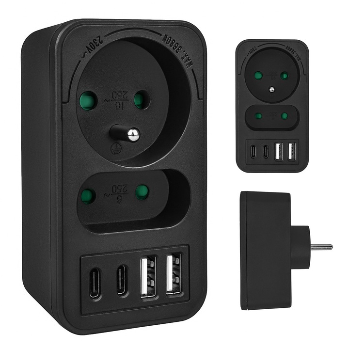 Splitter priza Maclean MCE249, 2x socluri (C+E), 2x USB-A, 2x USB-C PD 20W, max 3680W, incarcare rapida, protectie copii, design compact, negru, 1 buc
