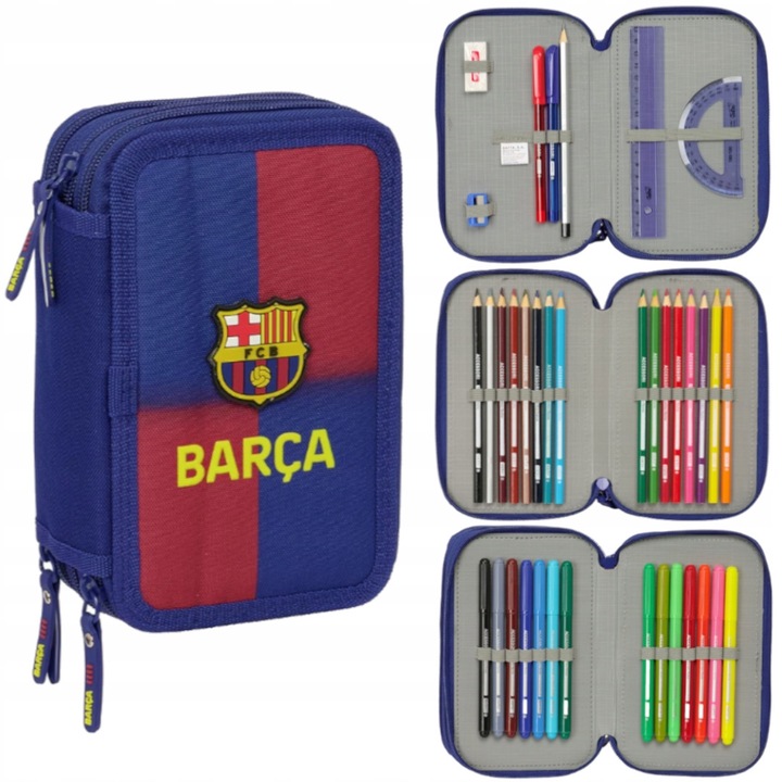 Etui şcolar FC Barcelona, 3 compartimente, albastru/roșu, 12, 5x19, 5x5, 5cm, set complet cu 37 de piese