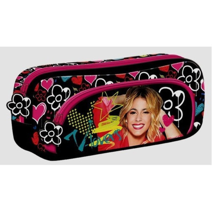 Etui scolara Violetta, St. Majewski, negru/roz, compartiment cu fermoar, multicolor