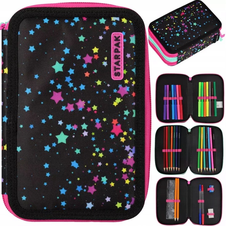 Trusă tripla cu accesorii Starpak, Galaxy Stars, multicolor, 6x13x19cm