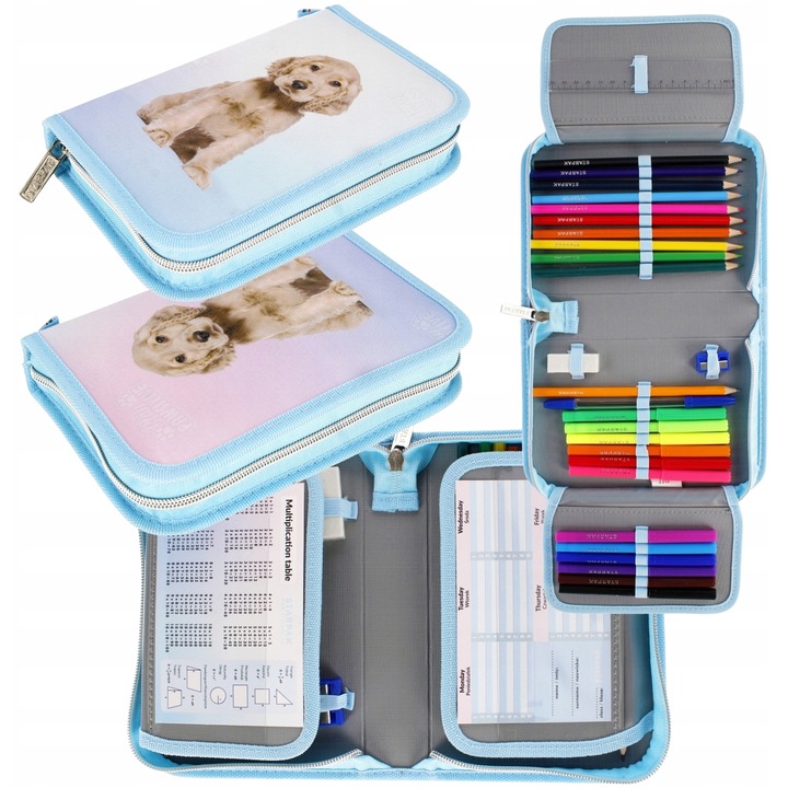 Etui scolar Starpak, design catelus, set complet cu 10 creioane colorate si 12 markere, 21x14x4cm