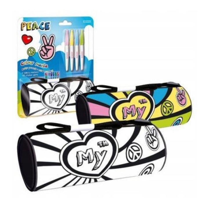 Etui timbru Starpak PEACE, cu markere și strassuri, plastic, 25.5x9x30cm
