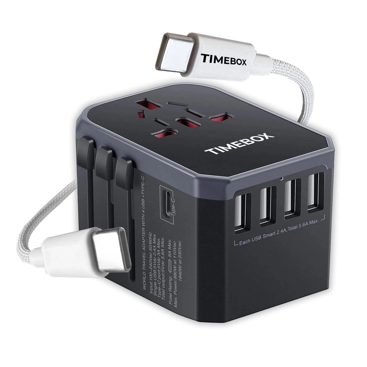 Pachet Travel: Adaptor incarcator universal priza, 4 x USB, 1 x Type-C, compatibil US/UK/EU/Australia/Asia, Silver Grey + Cablu Date si Incarcare Rapida Timebox, 66W, QC 3,0, Type-C la USB-C, 1m, Alb