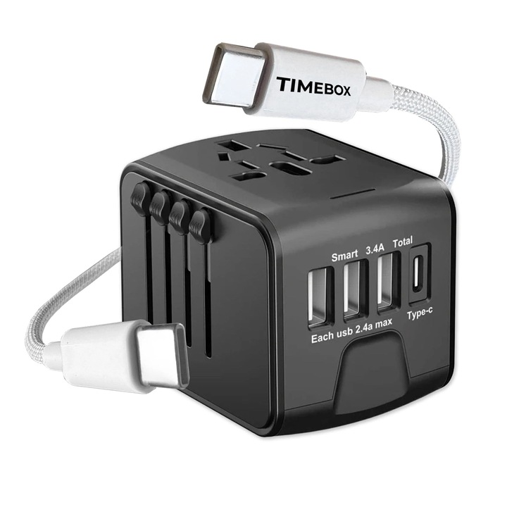 Set Calatorie Timebox – Adaptor incarcator universal priza de calatorie, Timebox, 3 x USB, 1 x Type-C pentru US, UK, EU, Australia, Asia + Cablu Date si Incarcare Rapida Timebox, 66W, QC 3,0, Type-C la USB-C, 1m, Alb/Negru