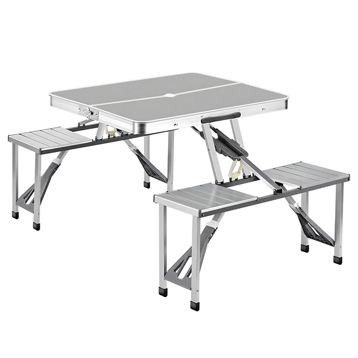 Set Masa Pliabila 67 x 85 cm din Aluminiu cu 4 Banci 27 x 80 cm, pentru Camping, Gradina, Orificiu Umbrela, Compacta