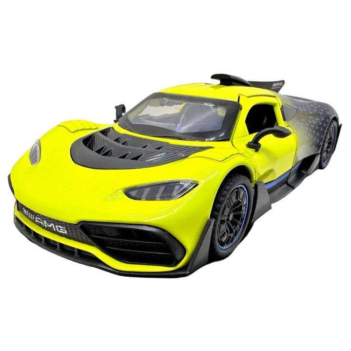 Mercedes AMG ONE sárga szuperautó modell 1:32 fém replika, fényekkel és hangokkal, nyitható pillangóajtók