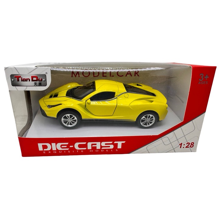 Macheta Ferrari galben scara 1:36 replica metal lumini si sunete, usi deschise