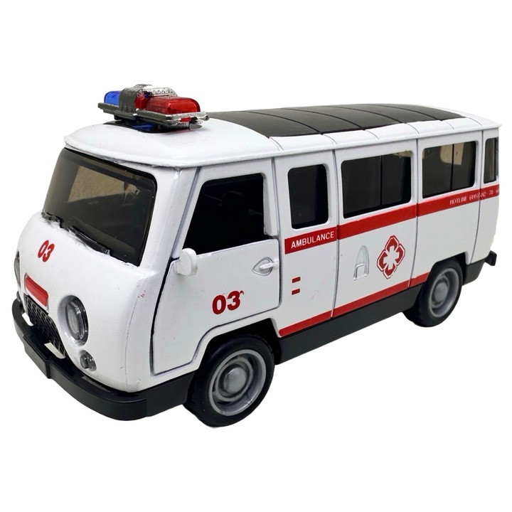 UAZ Mentőautó Fém Makett hangokkal, fényekkel, nyitható ajtókkal 1/36