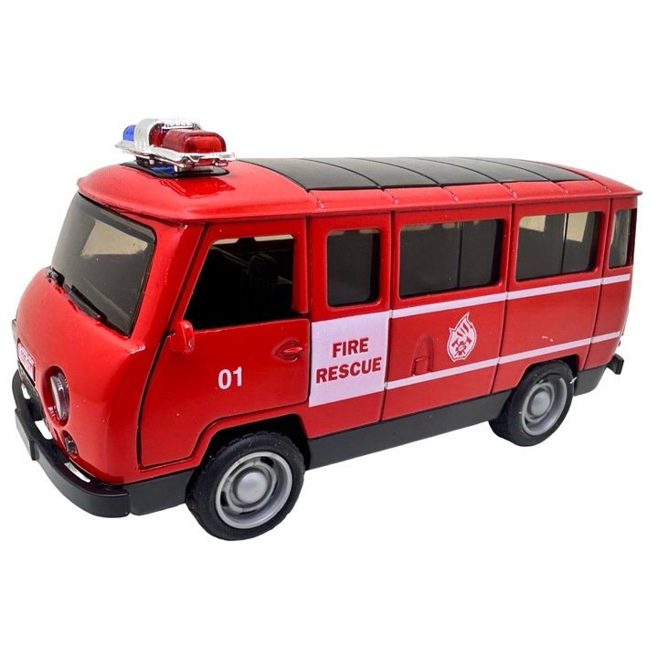Macheta UAZ pompieri rosie metalica cu sunete, lumini, deschide usile 1/36