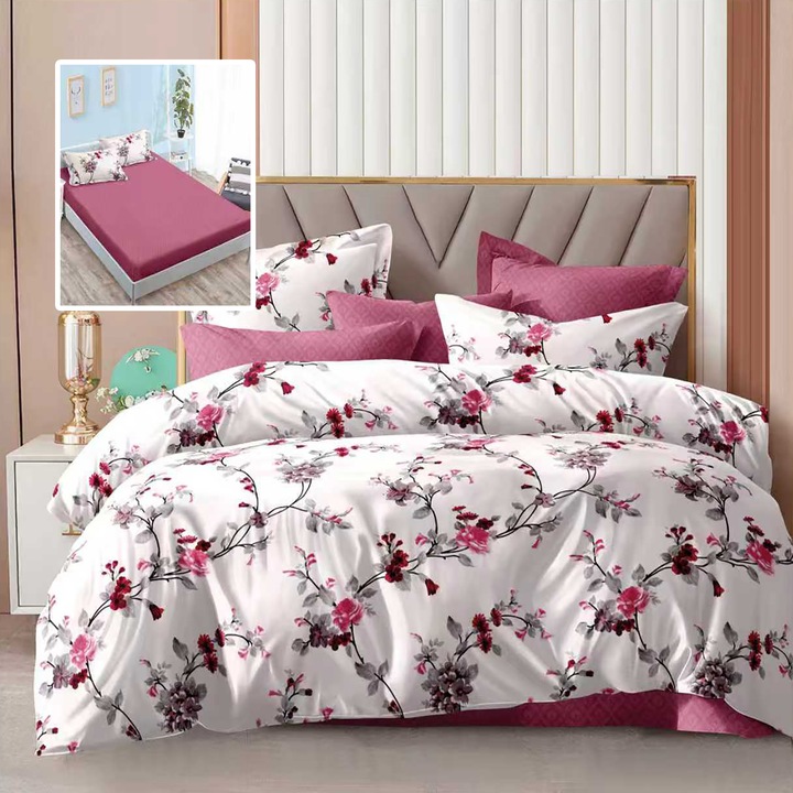NufJoy® poliészter pamut ágynemű szett, 6 részes, gumis lepedő 180x200 cm-es matrachoz, paplanhuzat 200x230 cm, 2 párnahuzat 70x70 cm, 2 párnahuzat 50x70 cm, fukszia rózsák