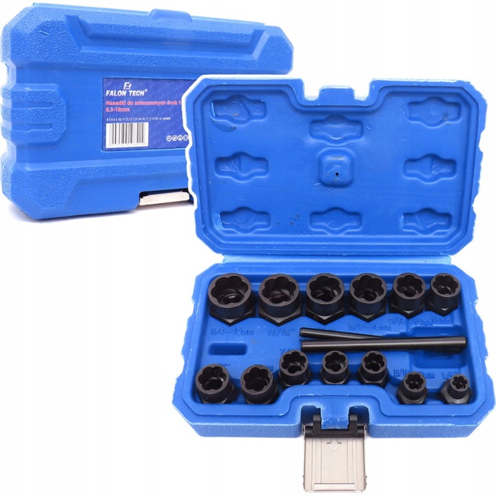 Set 15 capete extractor suruburi, Falon-Tech, otel crom-molibden, dimensiuni 6.3-19 mm