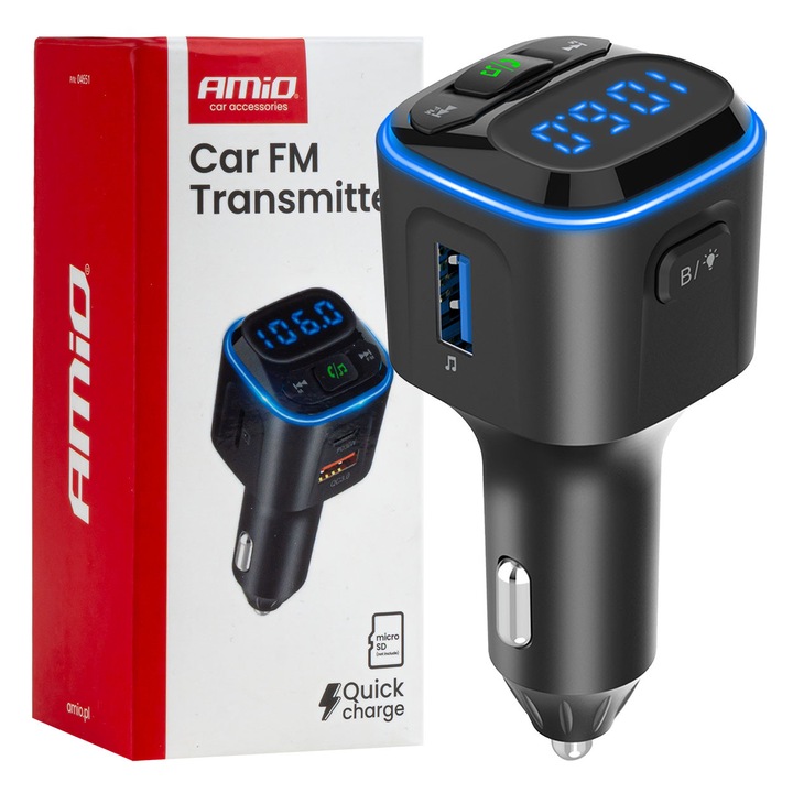 Transmiter FM auto, 1*USB-A, 2*USB-C, microSD, Bluetooth, 12V-24V, set