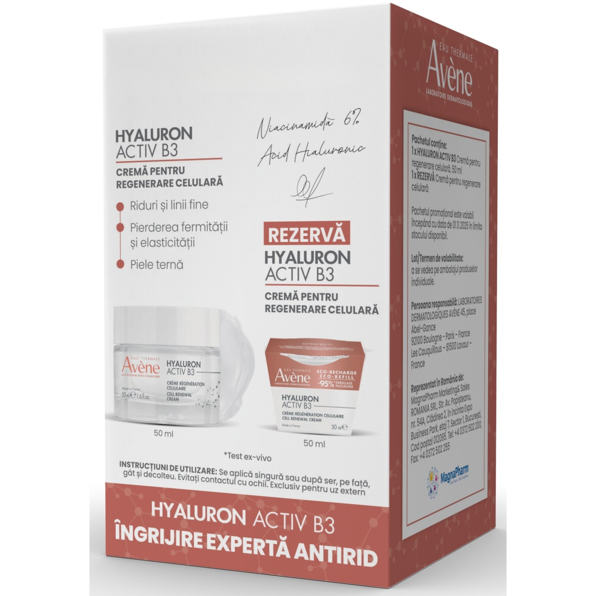 Pachet Avene Hyaluron Activ B3: Crema regenerare celulara, 50 ml + Rezerva, 50 ml
