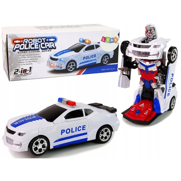 Masina de politie transformabilă, For Fun, robot 2 in 1, lumini si sunete, 15x9x22cm, 20x8x8cm