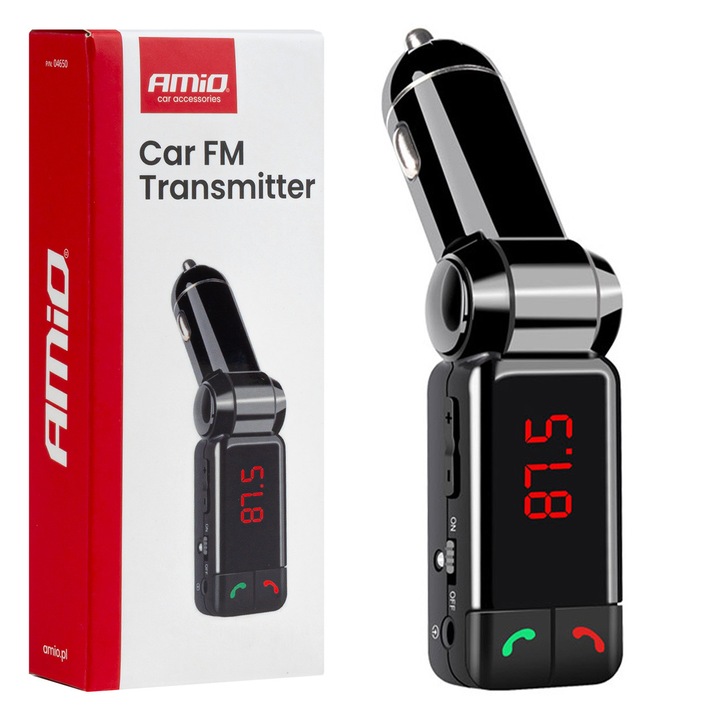 Transmiter FM auto, AMIO, 2*USB-A, 12V-24V, design pliabil