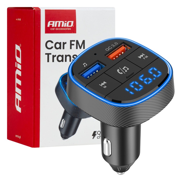 Transmiter FM auto, AMIO, 2*USB-A, 12V-24V, hands-free, 87,5-108 MHz