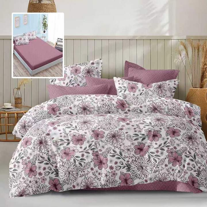 Economy dupla ágynemű garnitúra 6 részes, lepedő 180x200 cm és paplanhuzat 200x230 cm, 2 párnahuzat 50x70 és 2 párnahuzat 70x70, Rózsaszín Virágok ECNH19