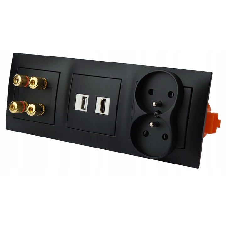 Priză dublă, Kontakt-Simon, 4 conectori boxe, USB 3.0, HDMI 2.1, neagră mată