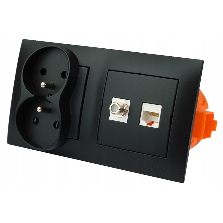 Priza dubla incastrata Kontakt-Simon, 230V, TV F, RJ45 Cat.6, neagra, 8.7x15.3x1cm