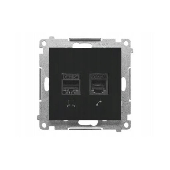 Priză Dublă Kontakt-Simon 55, RJ45 Cat 5e + RJ12, Negru Mat, 2 prize, montaj incastrat