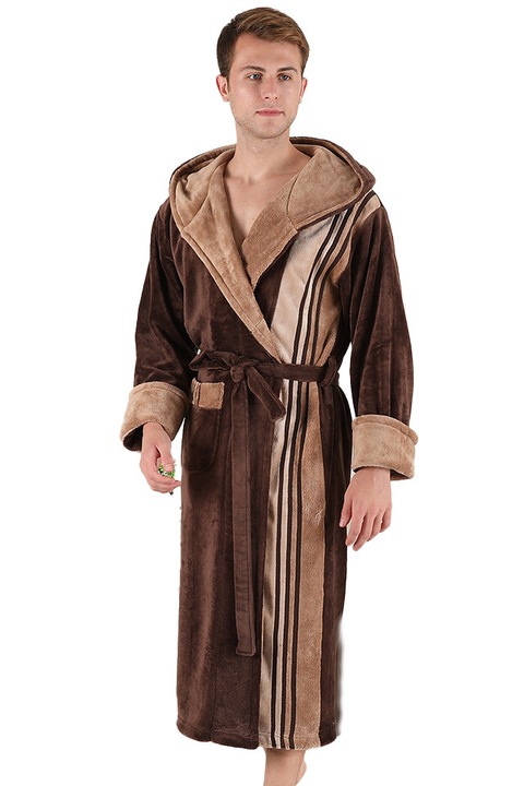 Halat barbati, Wild Love, model Orion, 100% bambus catifelat, lung, cu gluga, cordon, buzunare frontale si dungi decorative, maro-bej, 2XL