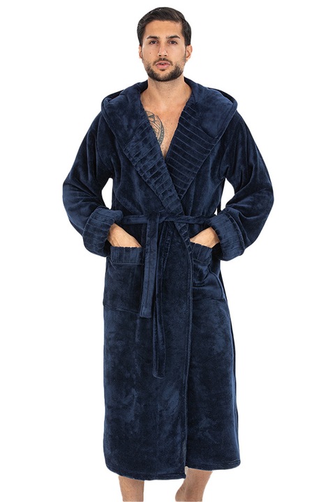 Halat barbati, Wild Love, model Atlas, 100% bambus catifelat, lung, cu gluga, cordon si buzunare frontale, bleumarin, 3XL