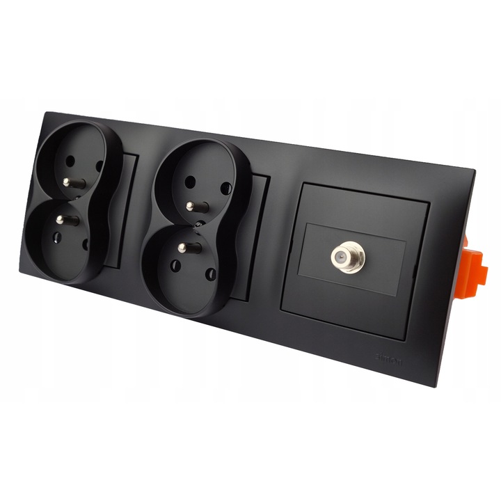 Priza TV SAT F Simon 54, set complet cu rama si doza, 2 prize, negru mat, incastrat