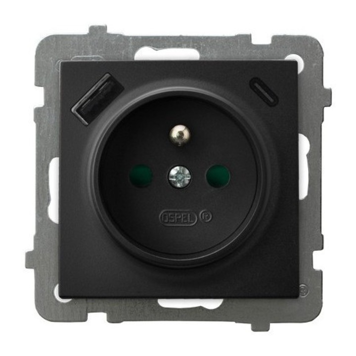 Priza dubla USB A+C 3.4A 20W Ospel As, neagra, montaj incastrat