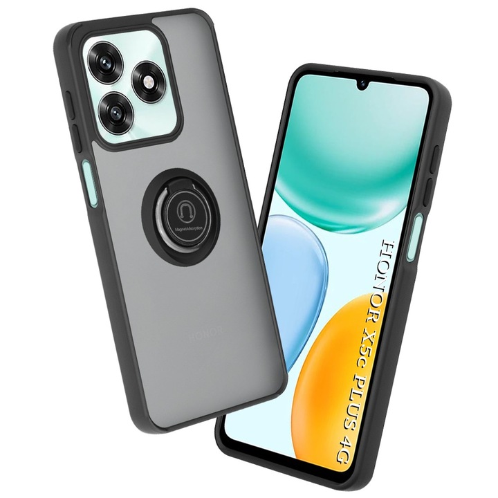 Калъф за Honor X5c Plus Daden® Glinth, с ринг-държач, противоударен, първокласно качество, опушено сиво с черни ръбове