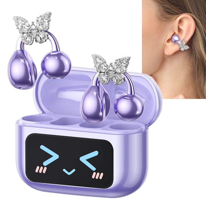 Безжични Bluetooth слушалки ZYNORO® със сензорен екран и подобрено шумопотискане, аудио, безжични, In-ear, Bluetooth 5.4, HD микрофон, тъч контрол/сензорно управление, водоустойчиви, спортни, универсални, идват с подвижни обеци-пеперуди, лилави