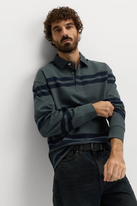 Marks & Spencer, Bluza polo de bumbac cu dungi, Bleumarin/Verde sparanghel