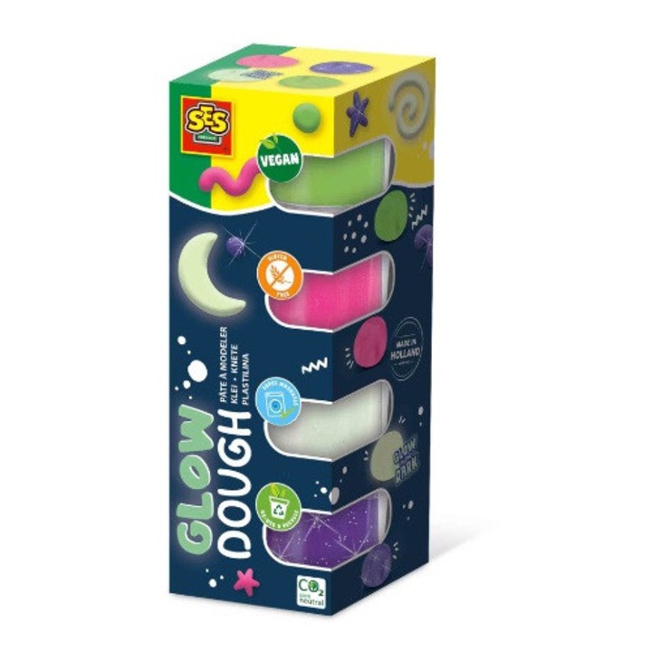 Set plastilina, 40x90g, roz neon, violet cu sclipici, verde deschis, alb, Ses