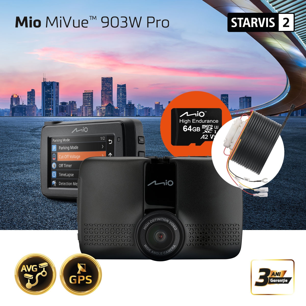 Camera DVR Mio MiVue 903W Pro 2,5K, Sony STARVIS 2, Kit Parcare cu mufa profesionala rezistenta si card SD de 64GB inclus, GPS, WIFI, 60fps, HDR, Night Vision Ultra, ecran 2,7'', A