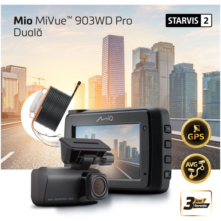 Mio MiVue 903WD Pro Dual DVR autós videokamera, 2.5K + Full HD, Sony STARVIS 2 szenzorral, parkolókészlet professzionális tartós csatlakoz, 128 GB-os SD-kártyával, GPS, WIFI, 60fps, HDR, Night Vision Ultra, 2,7" képernyő