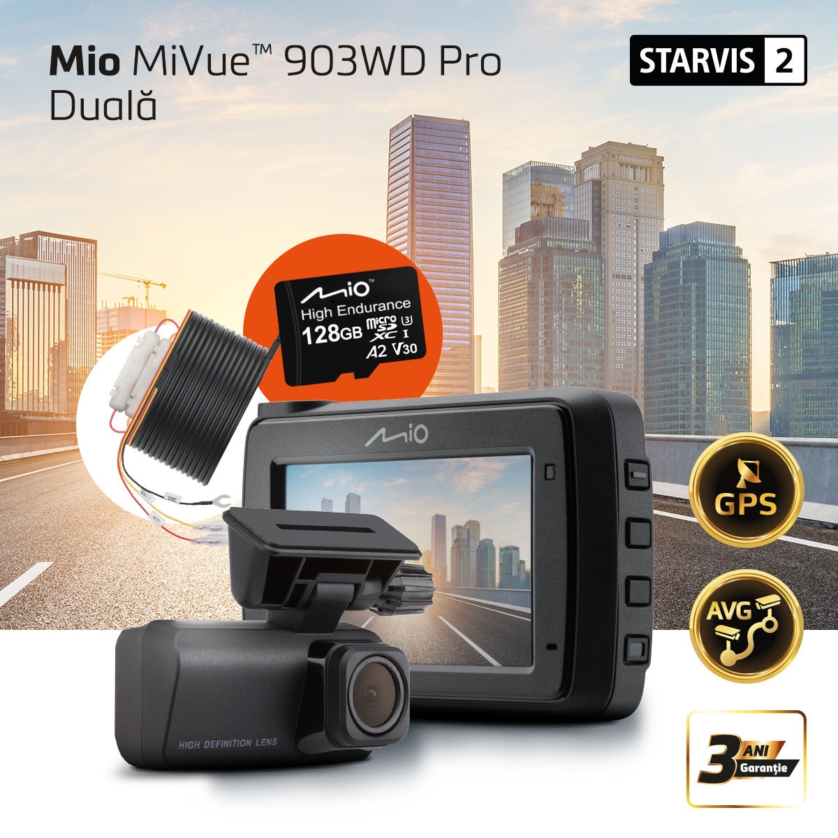 Camera DVR duala Mio MiVue 903WD Pro Dual, 2,5K + Full HD, ambele camere cu Sony STARVIS 2, Kit Parcare cu mufa profesionala rezistenta si card SD de 128GB inclus, GPS, WIFI, 60fps