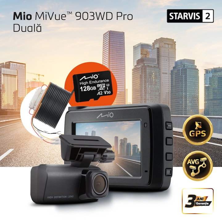 Camera DVR duala Mio MiVue 903WD Pro Dual, 2,5K + Full HD, ambele camere cu Sony STARVIS 2, Kit Parcare cu mufa profesionala rezistenta si card SD de 128GB inclus, GPS, WIFI, 60fps, HDR, Night Vision Ultra, ecran 2,7'', Alerte camere radar fix EU