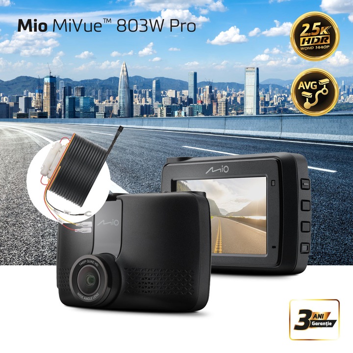 Camera DVR Mio MiVue 803W Pro 2,5K, Kit Parcare cu mufa profesionala rezistenta inclus, GPS, WIFI, 60fps, HDR, Night Vision, ecran 2,7'', Alerte camere radar fix EU