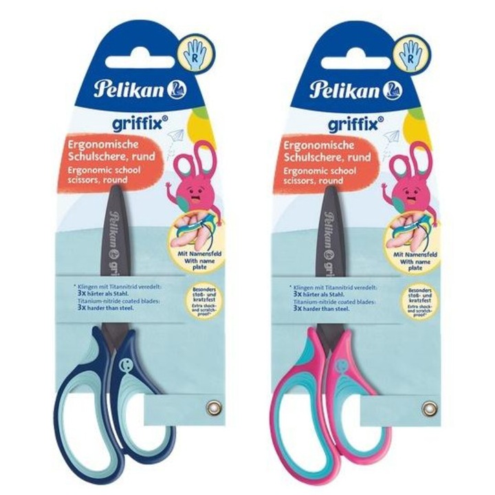 Foarfece pentru copii Pelikan Griffix 14cm, tais din titan, ergonomice, mix de culori roz si albastru