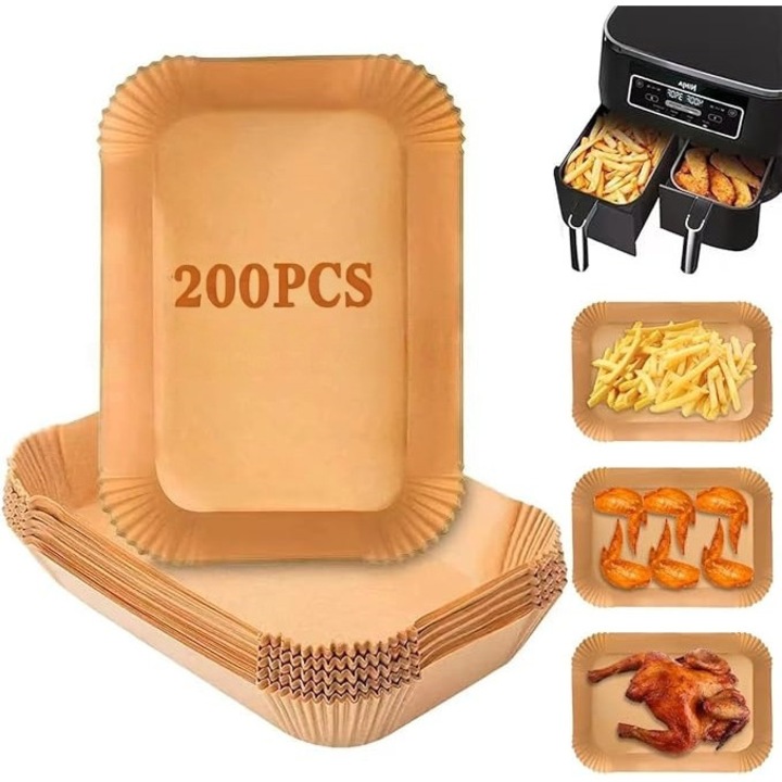 200 darab sütőpapír Air Fryerhez, SHEFEITE, 22×14cm, téglalap alakú, barna