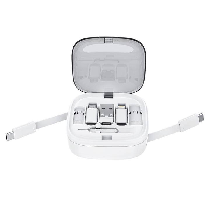 Set cabluri de date retractabile, 100cm, adaptor multiplu USB/Type-C catre Micro/Type-C/Lightning, suport telefon, transfer date, 7x7x2.2cm