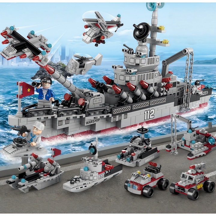 Set de Construtie cu Piese 8 in 1, XONGSOR, Nava Militara, Elicopter, 32cm, 554 Piese, Gri
