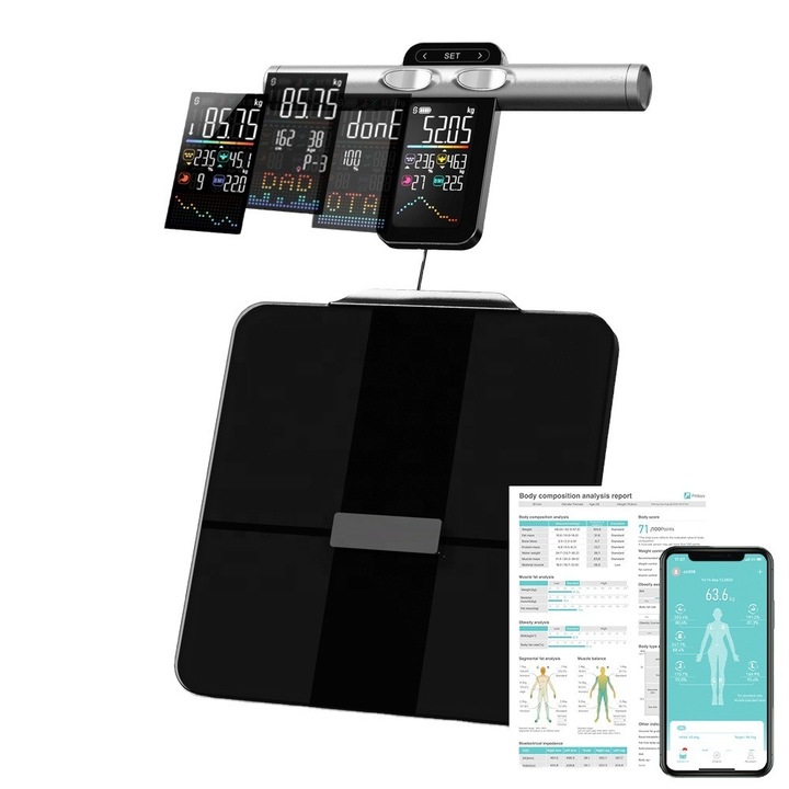 Смарт кантар FitVibe™, 28 индикатора, XXL цифров екран, 24 потребители, смарт приложение, 8 сензора, макс. 180 кг, проследяване на напредъка, синхронизация с iOS/Android, Bluetooth, съвместим с Apple Health, Samsung Health, IPO закалено стъкло, Черен