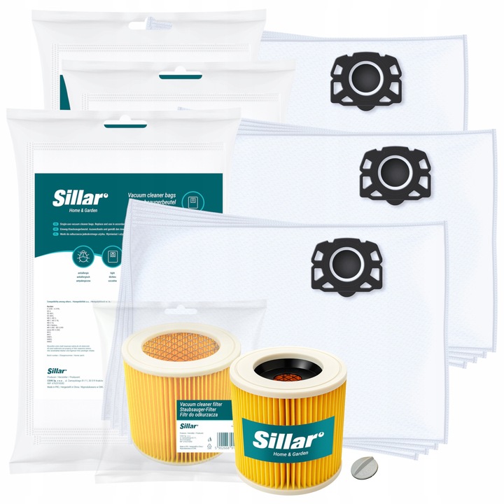 Set pentru aspirator Karcher WD 2 WD 3 KWD2 KWD3 SE4002, 12x saci de filtrare sintetice + 1x filtru intarit cu plasa, met dop de fixare, inlocuire, Sillar