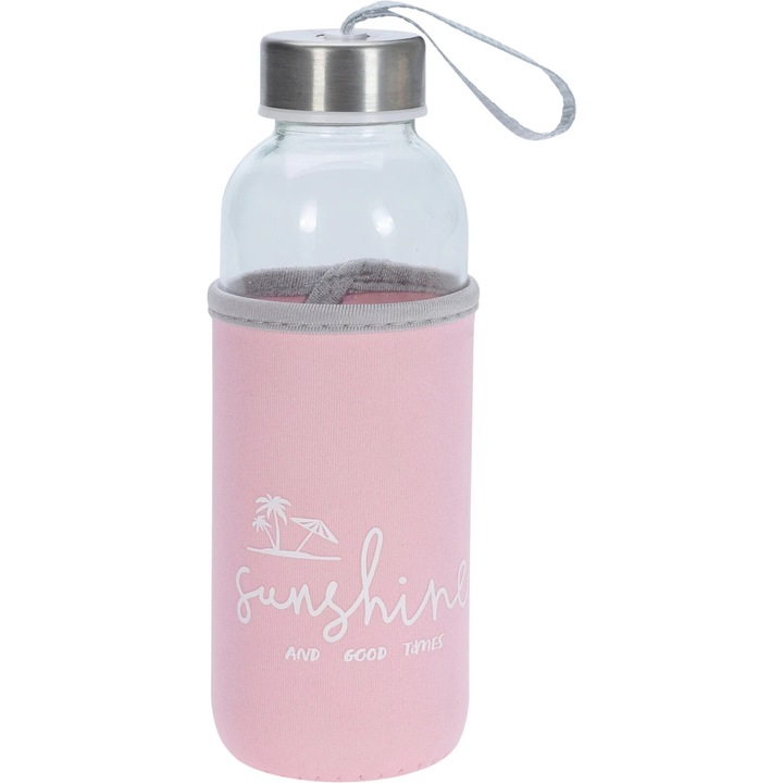 Бутилка за вода Excellent Houseware, стъклена, 6x19 см, 400 мл, розова