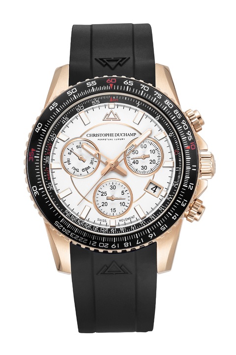 Christophe Duchamp, Овален часовник с хронограф и гумирана каишка, Златист, Черен