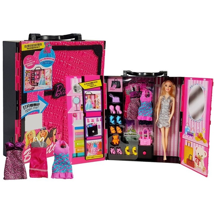 Set garderoba pentru papusi, NASZEDZIECI, roz, cu papusa, accesorii, 29cm x 32cm x 7.5cm