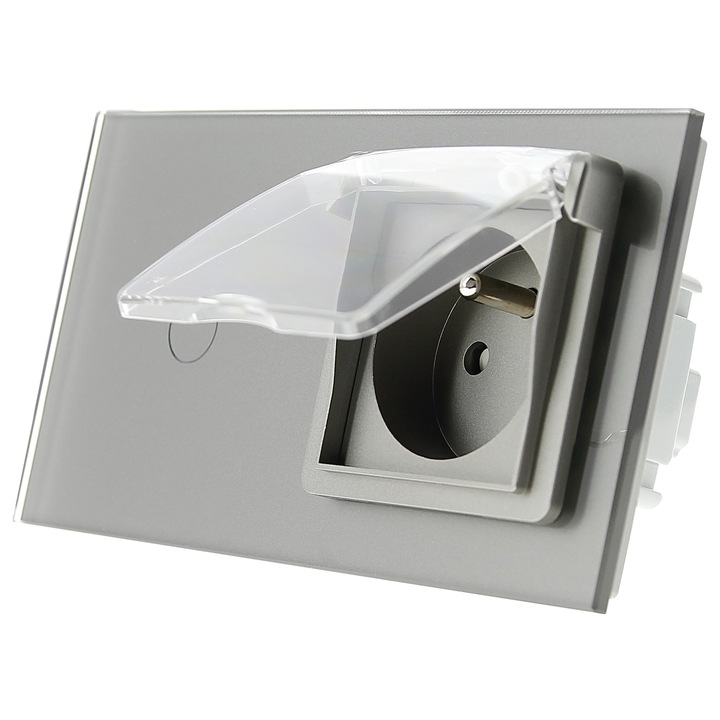Comutator dublu cu priza, Livolo, iluminare LED albastru/rosu, sticla, 230V