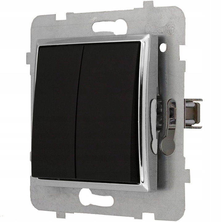 Comutator dublu schimbator Ospel Aria negru cu ramă argintie, 71x71x25mm